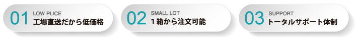 工場直送、１箱から注文可能、トータルサポート体制